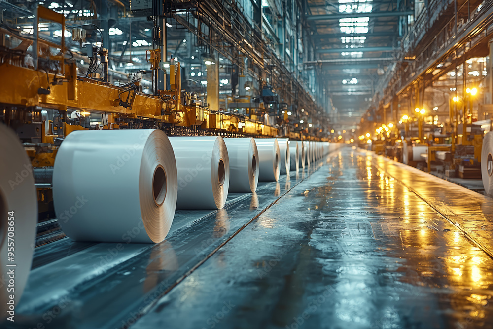 A paper mill with large rolls of paper and pulping machinery, showing the production of paper products. Concept of paper industry and industrial processes. A paper mill with large rolls of paper and pulping machinery, showing the production of paper products. Concept of paper industry and industrial processes.