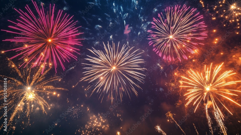 Naklejka premium Beautiful fireworks at night during a holiday. Fireworks exploding in the air full of lights and sparkle in celebration of the special day.