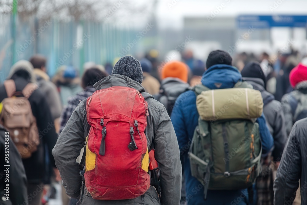 Groups of displaced individuals with luggage face overwhelming crowds at a border, symbolizing both struggle and resilience. Generative AI Groups of displaced individuals with luggage face overwhelming crowds at a border, symbolizing both struggle and resilience. Generative AI