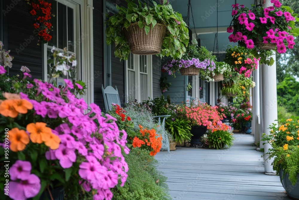 Obraz premium A row of colorful flower pots hang from the porch of a house