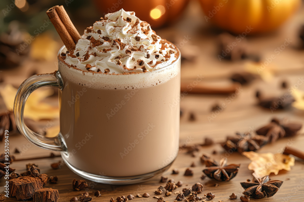 A cup of hot cocoa with whipped cream and a cinnamon stick, set on a wooden table with autumn decorations. Concept of autumn treats and comfort food. A cup of hot cocoa with whipped cream and a cinnamon stick, set on a wooden table with autumn decorations. Concept of autumn treats and comfort food.