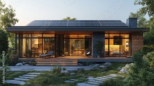 Blueprint of modern ecofriendly home with solar panels and sustainable materials