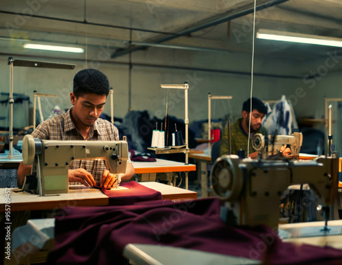 sewing workshop immigrant workers are diligently working at their sewing machines, cheap labor, fast fashion, poor conditions photo