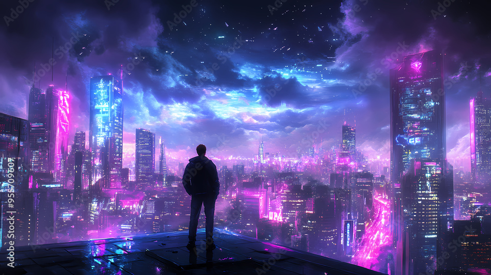 A man standing on a rooftop overlooking a futuristic city. the city is full of skyscrapers and neon lights. the sky is dark and cloudy. Urban Jungle. Illustration A man standing on a rooftop overlooking a futuristic city. the city is full of skyscrapers and neon lights. the sky is dark and cloudy. Urban Jungle. Illustration
