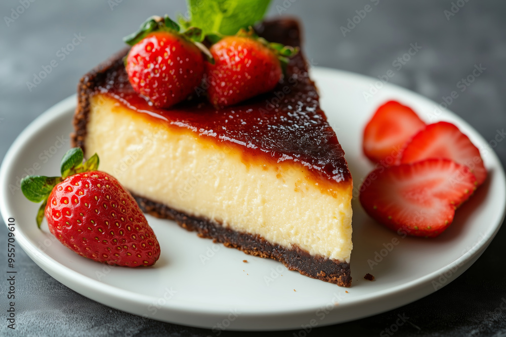 Indulging in a warm slice of Basque burnt cheesecake adorned with fresh strawberries on a rustic plate Indulging in a warm slice of Basque burnt cheesecake adorned with fresh strawberries on a rustic plate
