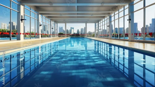 Wallpaper Mural the camera moves over the clear blue water of a brightly lit glass-walled pool.  Torontodigital.ca