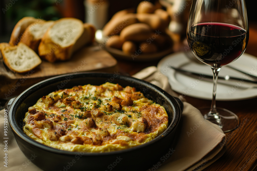 An elegant dinner setup featuring a Spanish-inspired dish, red wine, and crusty bread for a cozy evening gathering An elegant dinner setup featuring a Spanish-inspired dish, red wine, and crusty bread for a cozy evening gathering