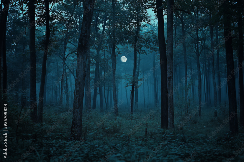 An eerie twilight forest where mystical creatures like Dracula may roam amidst shadowy trees and a haunting full moon An eerie twilight forest where mystical creatures like Dracula may roam amidst shadowy trees and a haunting full moon