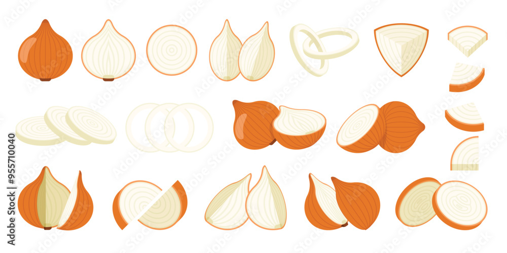 Set of Yellow Onion, Farm fresh Sweet Onion product emblem for grocery shop, Slides, long and cross sections, and different positions, simple flat vector illustration of vegetables and fruits. Set of Yellow Onion, Farm fresh Sweet Onion product emblem for grocery shop, Slides, long and cross sections, and different positions, simple flat vector illustration of vegetables and fruits.