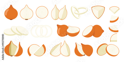 Set of Yellow Onion, Farm fresh Sweet Onion product emblem for grocery shop, Slides, long and cross sections, and different positions, simple flat vector illustration of vegetables and fruits.