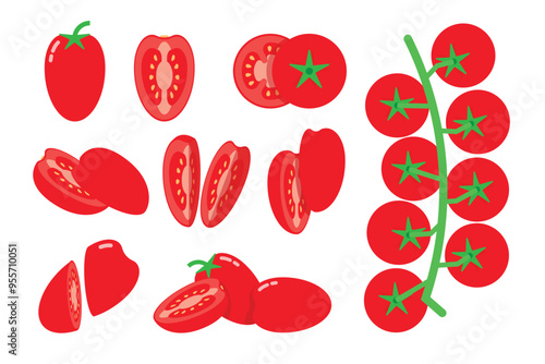 Wallpaper Mural Set of Cherry Tomatoes, Farm fresh red Tomato product emblem for grocery shop, Slides, long and cross sections, and different positions, simple flat vector illustration of vegetables and fruits. Torontodigital.ca