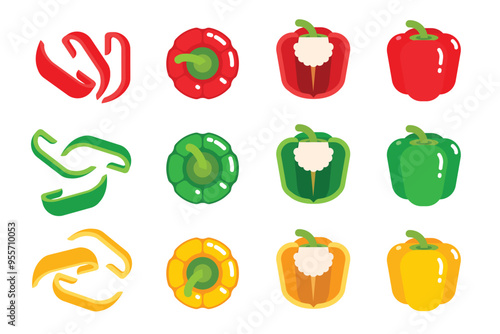 Set of colored Bell Pepper, Farm fresh Pepper product emblem for grocery shop, Slides, long and cross sections, and different positions, simple flat vector illustration of vegetables and fruits.