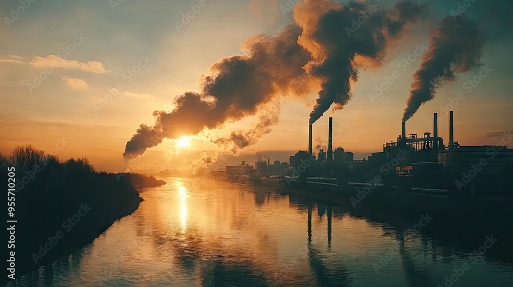 A factory emitting smoke into the atmosphere, with a nearby river polluted by industrial waste, highlighting environmental concerns. A factory emitting smoke into the atmosphere, with a nearby river polluted by industrial waste, highlighting environmental concerns.