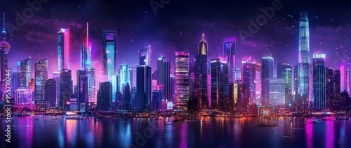 A futuristic metropolis encircled by a neon-soaked neon skyline with retro synth aesthetics and floating skyscrapers