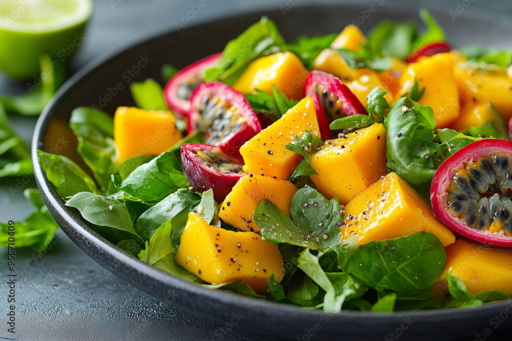 Vibrant tropical salad with fresh mango, passion fruit, and herbs presented beautifully in a fresh culinary creation Vibrant tropical salad with fresh mango, passion fruit, and herbs presented beautifully in a fresh culinary creation