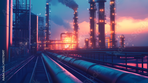 Pipe line connection in oil refinery, chemical, hydrogen or ammonia industrial plant. Industrial. Illustration