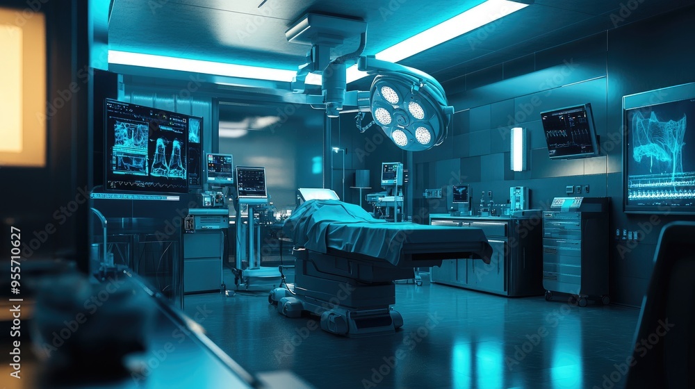 A futuristic operating room with robotic surgery equipment and a team of doctors using advanced technology to perform a procedure. A futuristic operating room with robotic surgery equipment and a team of doctors using advanced technology to perform a procedure.
