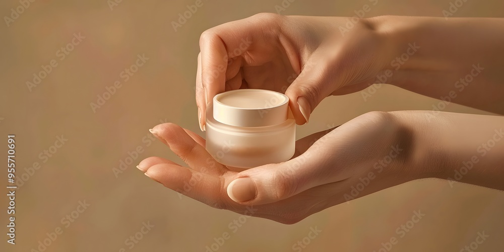Women hands holding creme jar on natural background Women hands holding creme jar on natural background