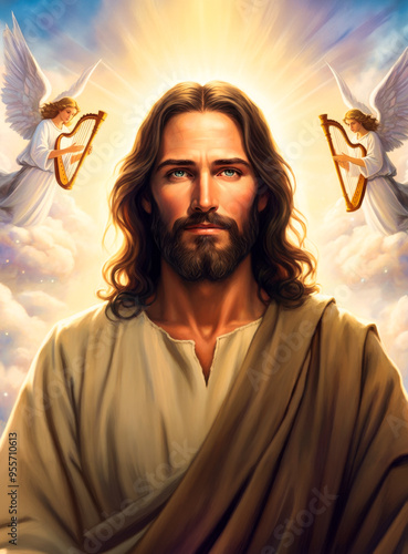 Jesus Christ with long hair and a white robe standing on a cloud, angels with harps surrounding him. Background  bright white sky with stars.