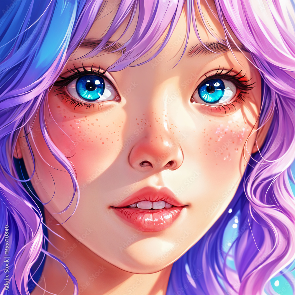 A young anime girl with vibrant purple hair and striking blue eyes, set against a soft blue background. A young anime girl with vibrant purple hair and striking blue eyes, set against a soft blue background.