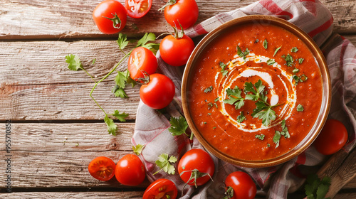 Tomato soup bowl on wooden background  photo