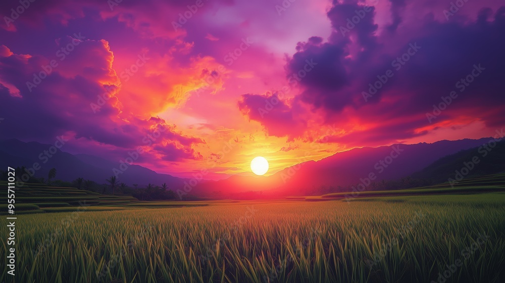Fototapeta premium Breathtaking sunset over lush green fields with rolling hills in the background during a serene evening