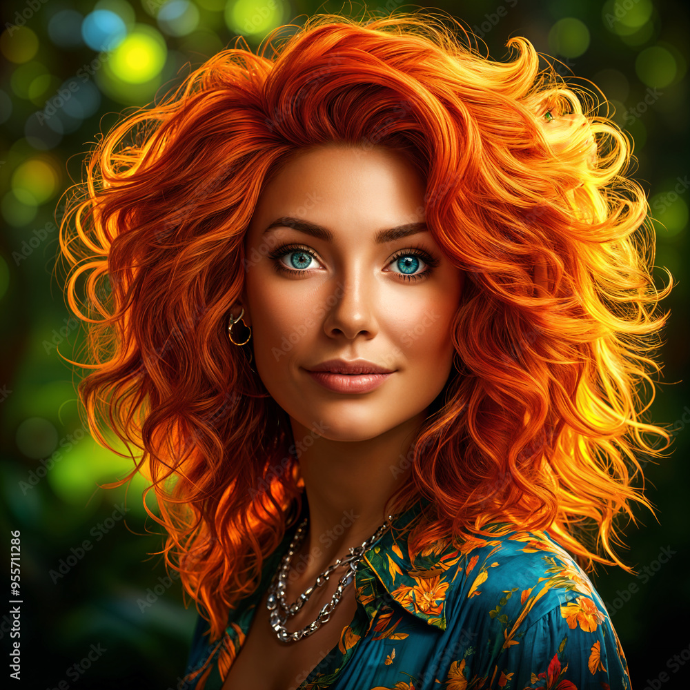 A portrait of a woman with vibrant red hair and striking blue eyes, set against a blurred background of greenery. She is wearing a colorful floral shirt and has a neutral expression on her face. A portrait of a woman with vibrant red hair and striking blue eyes, set against a blurred background of greenery. She is wearing a colorful floral shirt and has a neutral expression on her face.