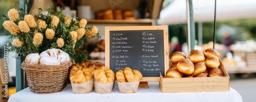 Mobile bakery truck with chalkboard menu, vintage decor, and a cozy setup at a local farmers' market