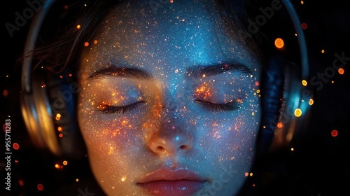 portrait of person immersed in music vibrant sound waves visualized around headphones eyes closed in concentration abstract background suggesting genres