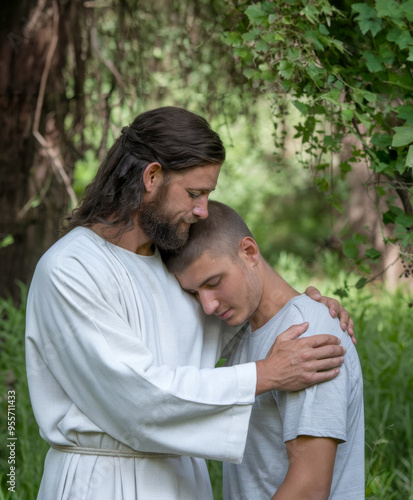 Jesus giving a hug to a young man with short hair, the love of the Lord Jesus Christ and how willing he is to always receive all his children in his arms.