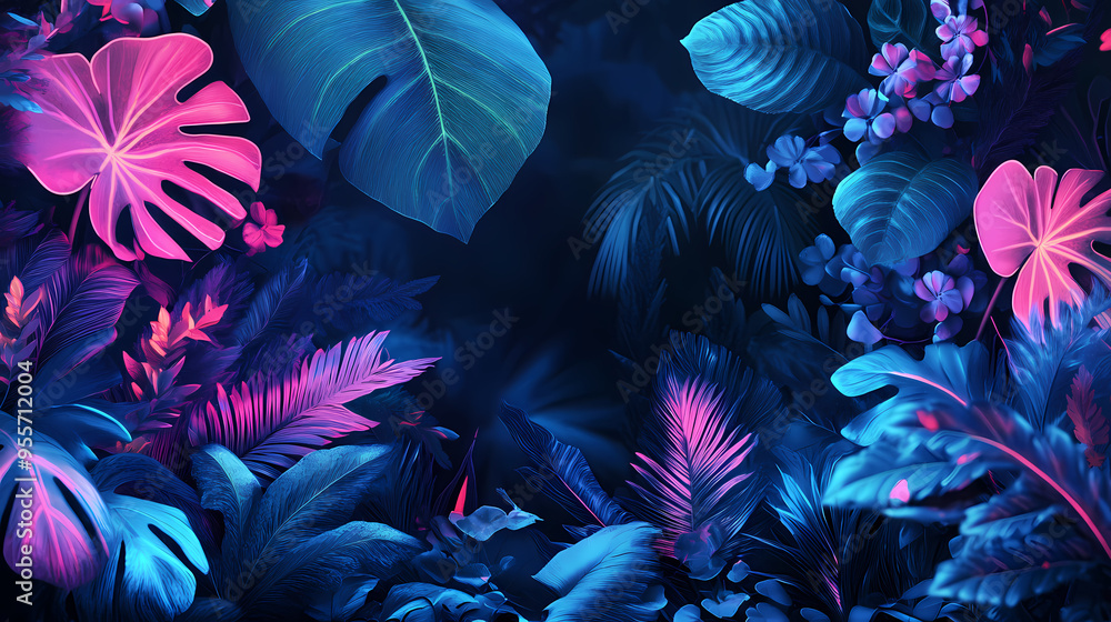 A neon jungle scene with glowing leaves and flowers, creating a fantastical and futuristic version of nature. Urban Jungle. Illustration A neon jungle scene with glowing leaves and flowers, creating a fantastical and futuristic version of nature. Urban Jungle. Illustration
