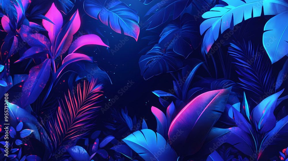 A neon jungle scene with glowing leaves and flowers, creating a fantastical and futuristic version of nature. Urban Jungle. Illustration A neon jungle scene with glowing leaves and flowers, creating a fantastical and futuristic version of nature. Urban Jungle. Illustration