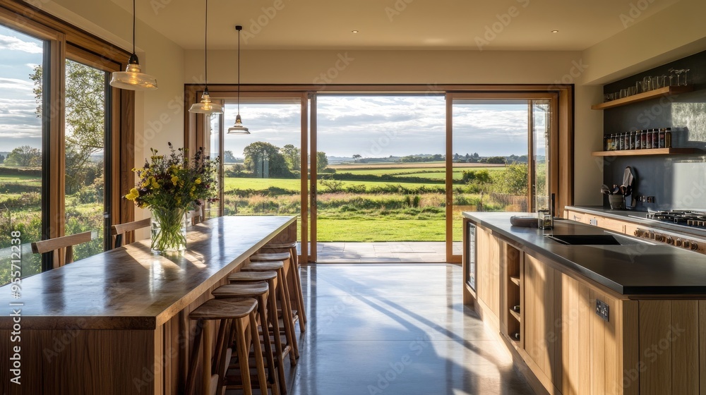 A kitchen with large windows, a breakfast bar, and a view of the countryside. A kitchen with large windows, a breakfast bar, and a view of the countryside.