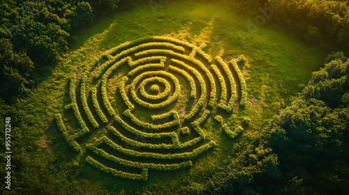 Aerial view of stone labyrinth in green field in summer, abstract round maze like strange garden. concept of hedge, shape, puzzle, landscape, pattern. Labyrinth. Illustration photo