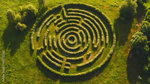 Aerial view of stone labyrinth in green field in summer, abstract round maze like strange garden. concept of hedge, shape, puzzle, landscape, pattern. Labyrinth. Illustration photo