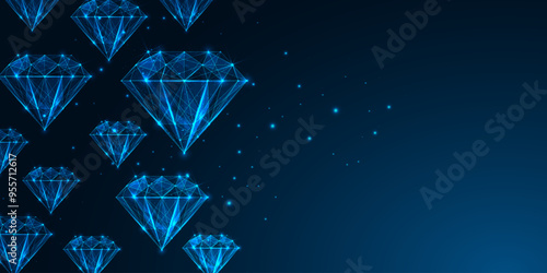 Abstract modern banner with sparkling diamondson dark blue background. High-end branding backdrop