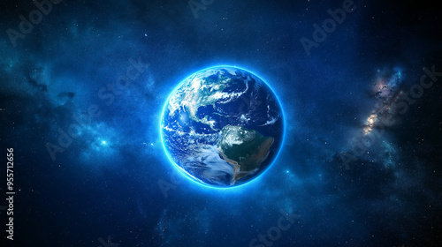 3D Planet earth in the middle of space galaxy  photo