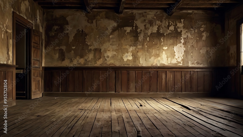 Old abandoned house living room indoor view textured rotten brown and white wall