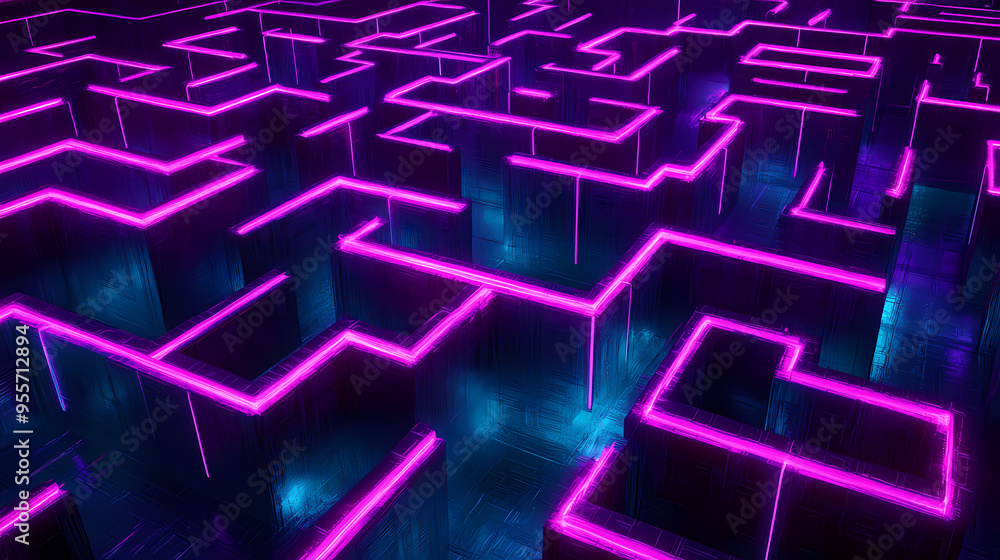 Neon grid labyrinth in vivid purple hues. Labyrinth. Illustration Neon grid labyrinth in vivid purple hues. Labyrinth. Illustration