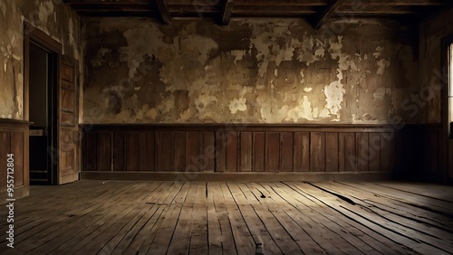 Obraz na płótnie Old abandoned house living room indoor view textured rotten brown and white wall w salonie