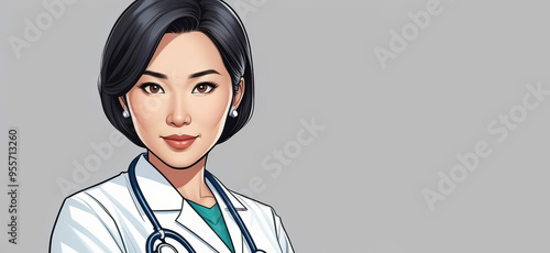 a cartoon illustration of a female doctor with a stethoscope around her neck