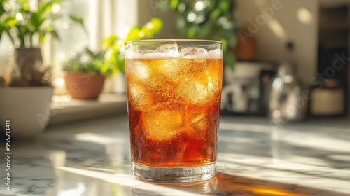 refreshing root beer in elegant glass marble countertop soft window light culinary blog aesthetic