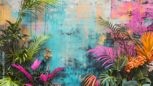 Fototapeta Naklejka Na Ścianę i Meble -  Vibrant tropical jungle mural with colorful abstract nature painting on a wall. featuring exotic flora and botanical artwork. acrylic paint. and artistic illustration. Urban Jungle. Illustration