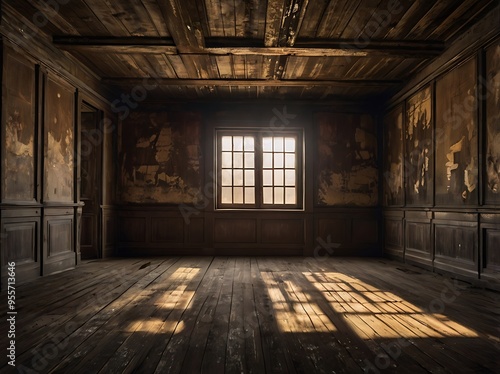 Old abandoned house living room indoor view textured rotten brown and white wall