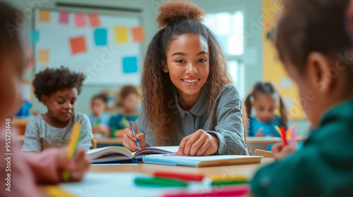 A female teacher colouring the books with students 