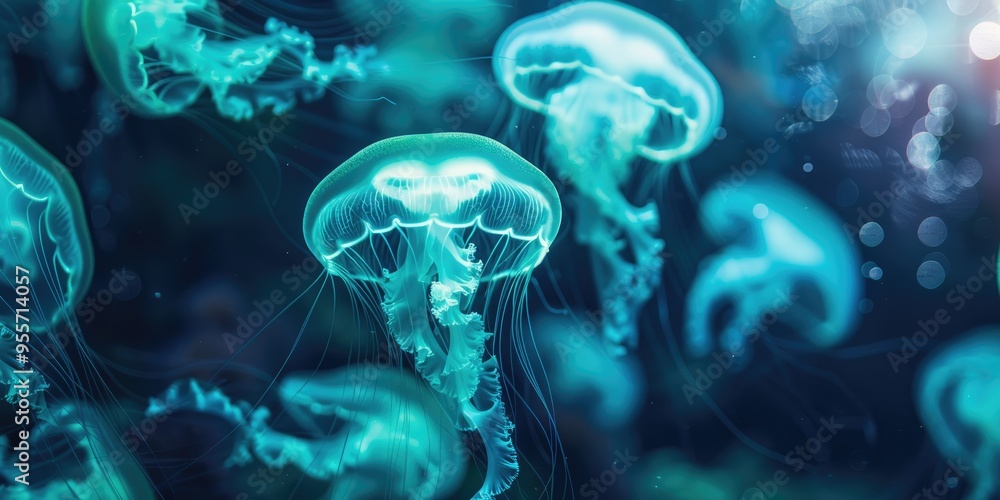 Jellyfish colony with a captivating blue green glow gracefully glides through the aquarium creating a mesmerizing and peaceful spectacle Jellyfish colony with a captivating blue green glow gracefully glides through the aquarium creating a mesmerizing and peaceful spectacle
