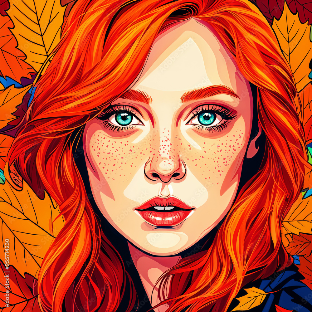 A digital illustration featuring a woman with red hair and freckles, set against a backdrop of autumn leaves. A digital illustration featuring a woman with red hair and freckles, set against a backdrop of autumn leaves.