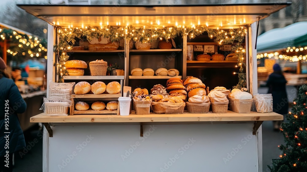 Mobile bakery truck with fairy lights and boho decor, cozy and inviting, set in a festive outdoor market Mobile bakery truck with fairy lights and boho decor, cozy and inviting, set in a festive outdoor market