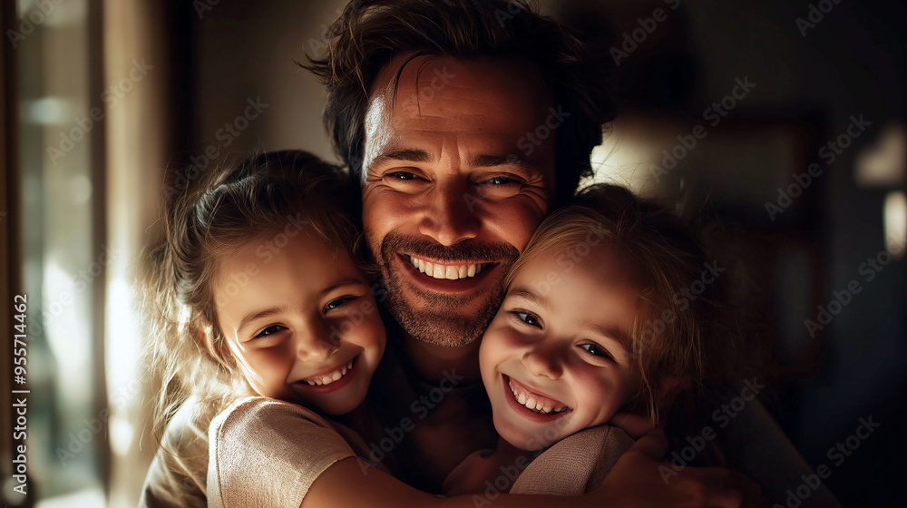 A happy father with kids doing warm hug A happy father with kids doing warm hug
