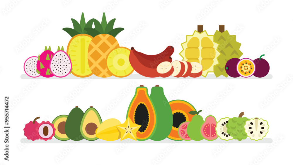 A set of Split tropical Fruits, White Dragon fruit, Pineapple, Red Banana, Durian, Passion Fruit, Litchi, Avocado, Starfruit, Carambola, Papaya, Guava, Annona, simple flat vector illustration. A set of Split tropical Fruits, White Dragon fruit, Pineapple, Red Banana, Durian, Passion Fruit, Litchi, Avocado, Starfruit, Carambola, Papaya, Guava, Annona, simple flat vector illustration.